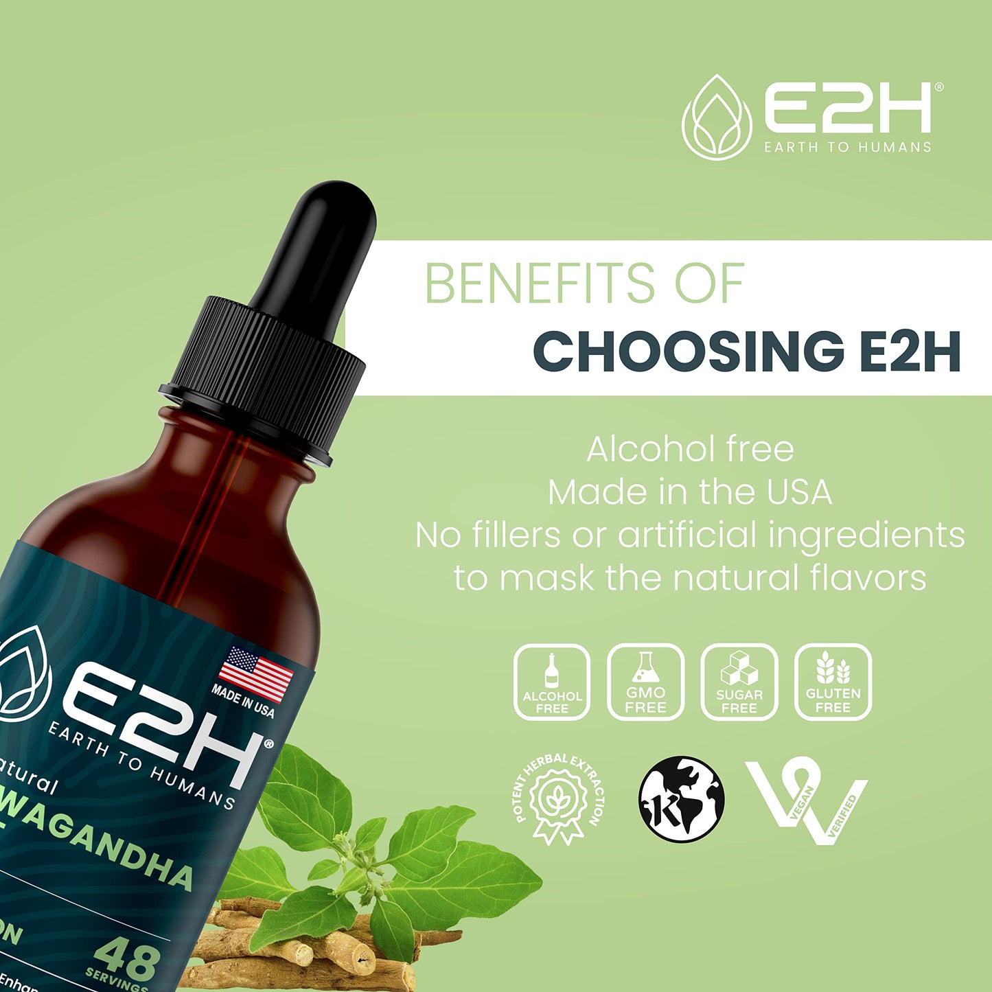 E2H Ashwagandha Liquid Drops - All-Natural Ashwagandha Supplement for Stress Relief and Mood Enhancer- Organic Ashwagandha Root Extract Effective Cortisol Manager | Non-GMO, Vegan (3 Bottles)