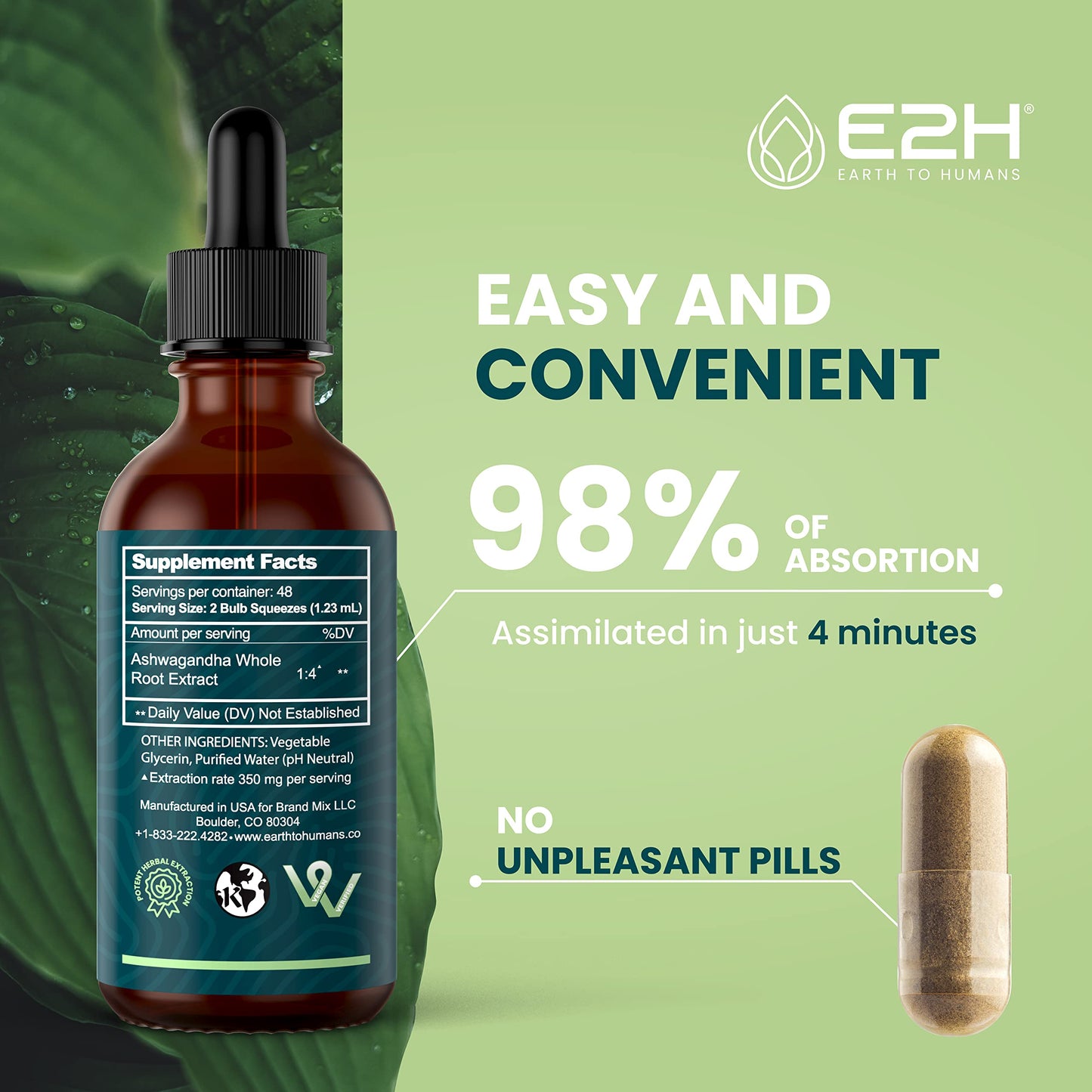 E2H Ashwagandha Liquid Drops - All-Natural Ashwagandha Supplement for Stress Relief and Mood Enhancer- Organic Ashwagandha Root Extract Effective Cortisol Manager | Non-GMO, Vegan (3 Bottles)