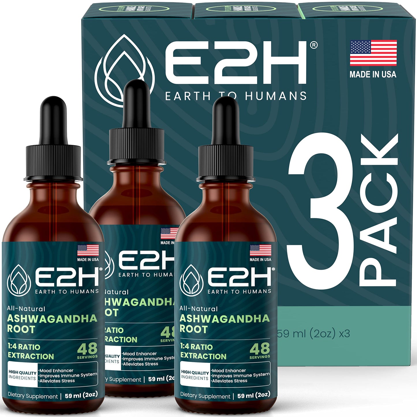 E2H Ashwagandha Liquid Drops - All-Natural Ashwagandha Supplement for Stress Relief and Mood Enhancer- Organic Ashwagandha Root Extract Effective Cortisol Manager | Non-GMO, Vegan (3 Bottles)