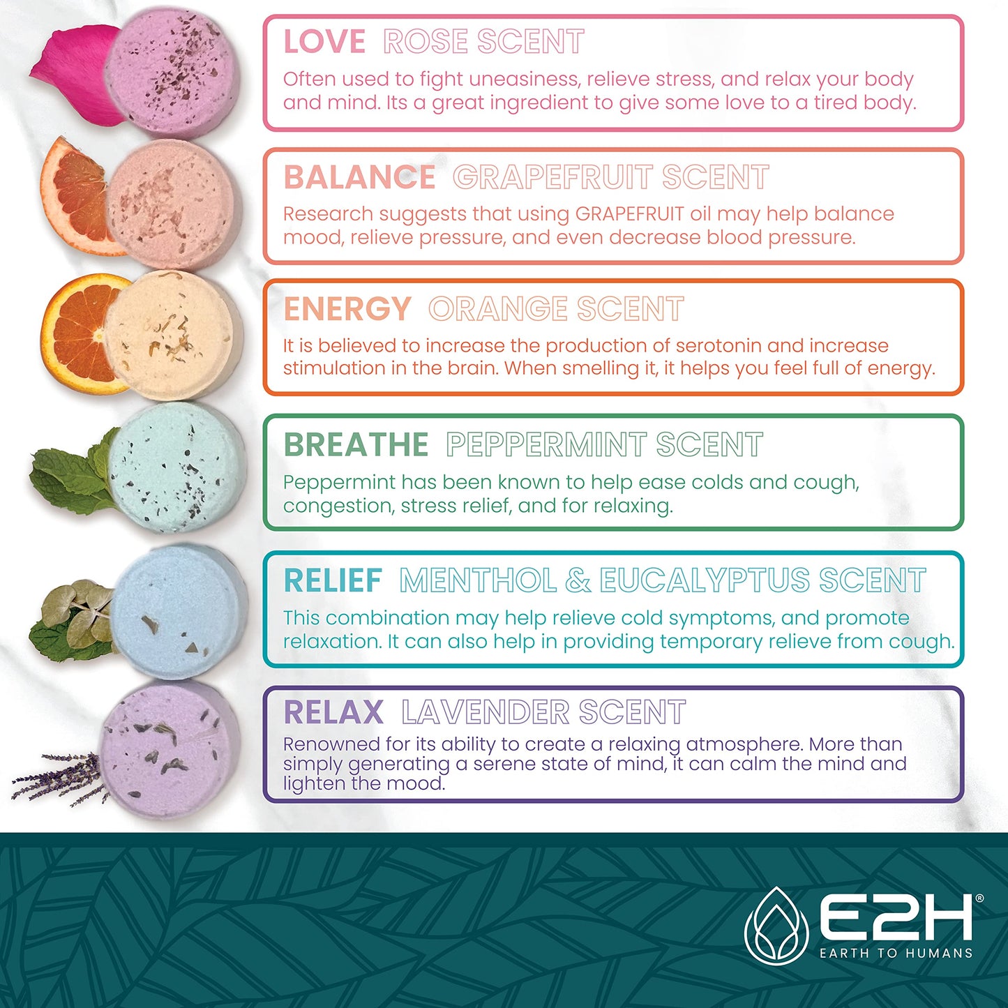 
                  
                    E2H Shower Steamers Aromatherapy Tablets, Variety Pack of 6 Shower Bombs for Women - Lavender, Orange, Rose and More - Steam Shower Tablets Naturally Scented with Essential Oils (6 Tablets)
                  
                